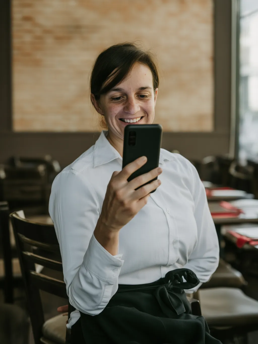 Serveuse consultant une proposition de mission sur son téléphone